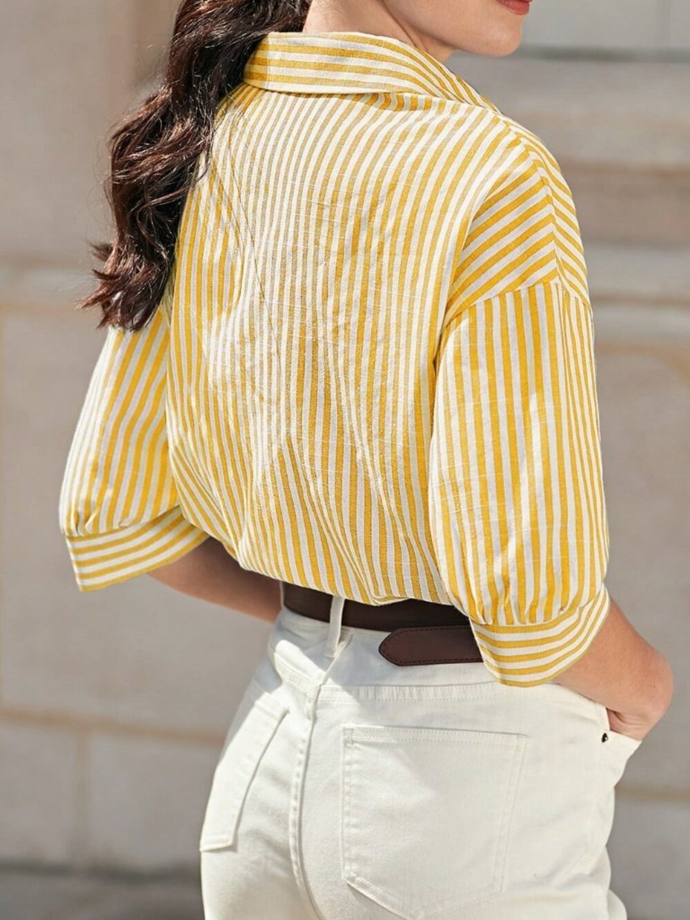 Multi-color Drop Shoulder Women's Long Sleeve Striped Casual Button-Down Shirt - Picture 2 of 6
